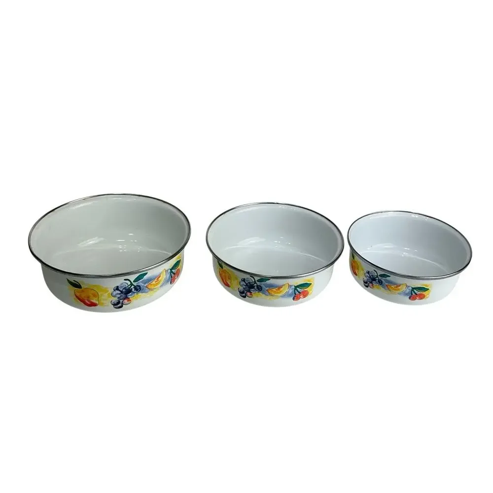 Vintage lincoware Enamel Mixing Nesting Enamelware Bowls Fruit Print Peach Set 3